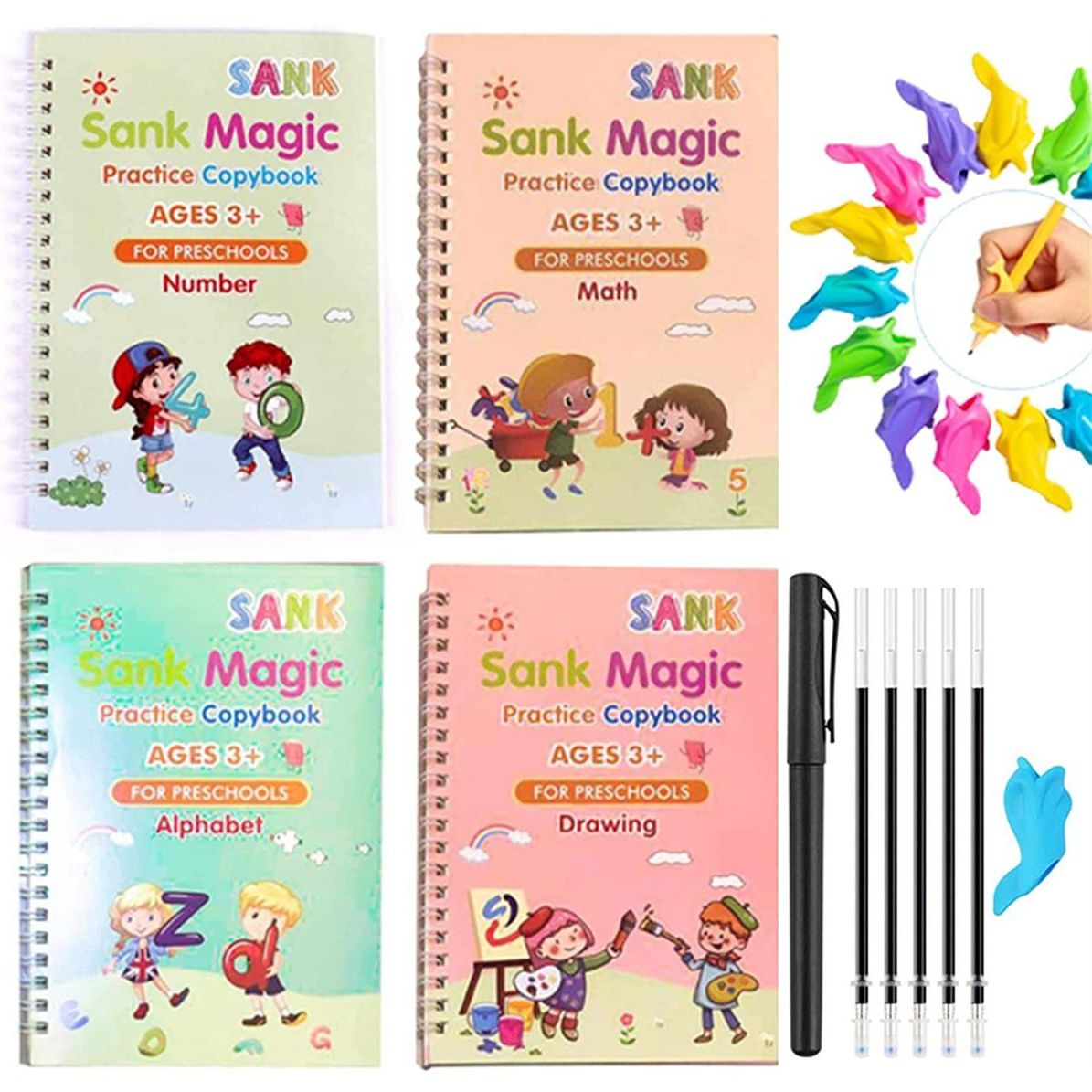 Kids Magic Practice Book (4 Books + 1 Pen + 1 Grip + 10 Refill)