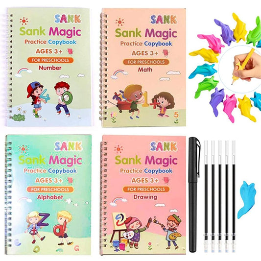 Kids Magic Practice Book (4 Books + 1 Pen + 1 Grip + 10 Refill)